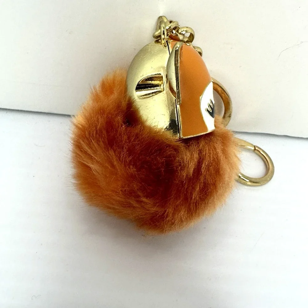 Fox Keychain Pom Pom Faux Fur Orange Rhinestones Gold Tone Bag Charm Cute